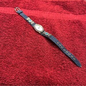Avon VTG Women's Watch Silver Tone w/ Blue Denim Band, turquoise accents